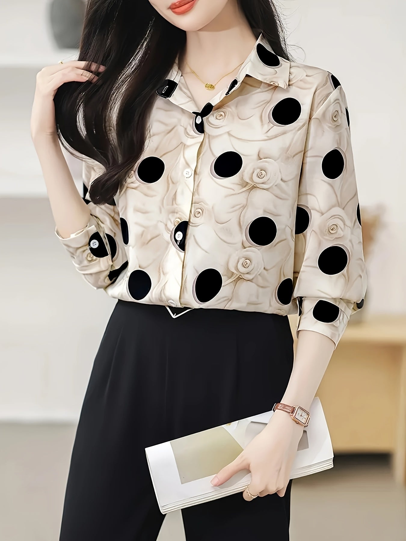Elegant Polka Dot & Floral Print Long Sleeve Collared Blouse for Women