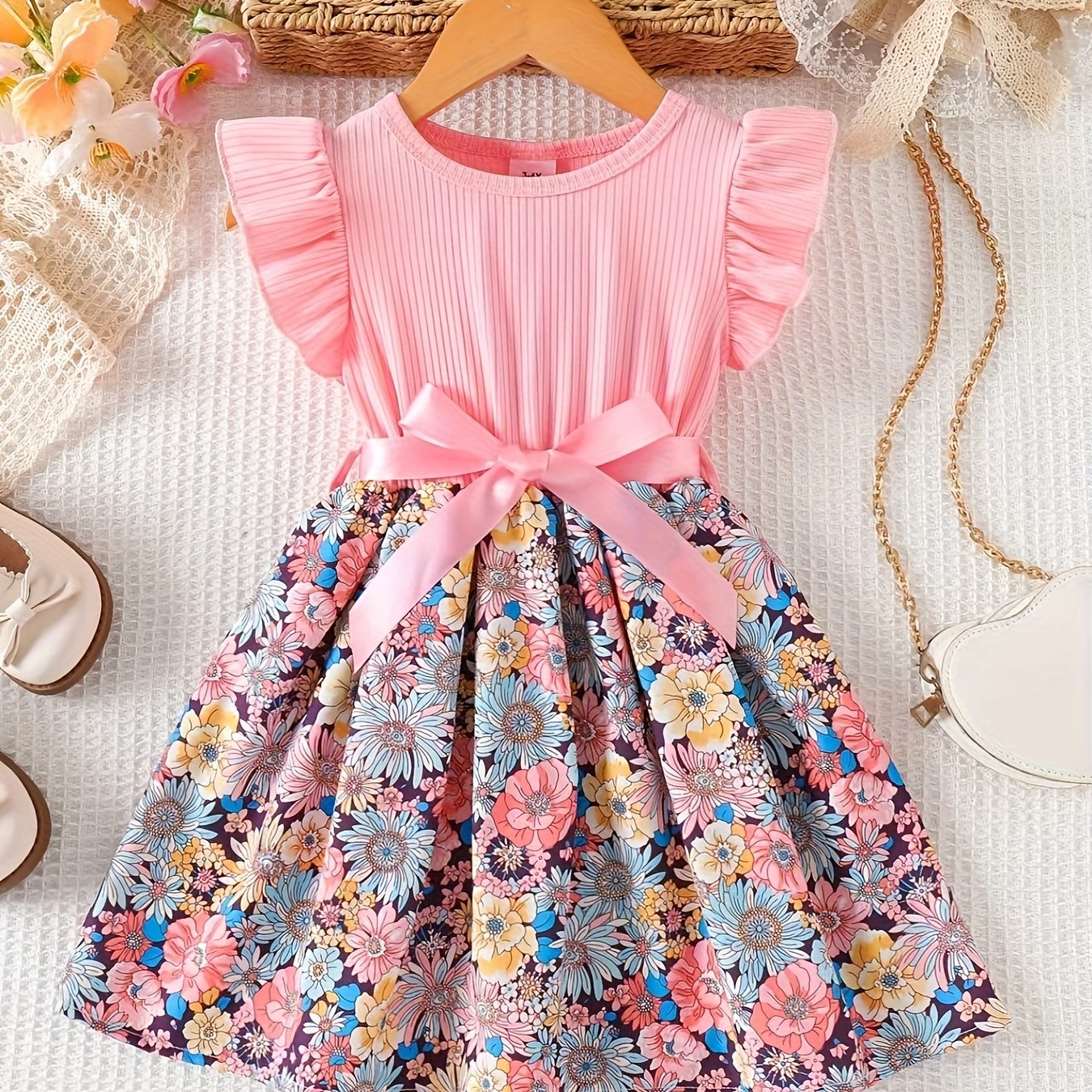Girls' Floral Print Ruffled Sleeve Dress with Ribbon Belt
