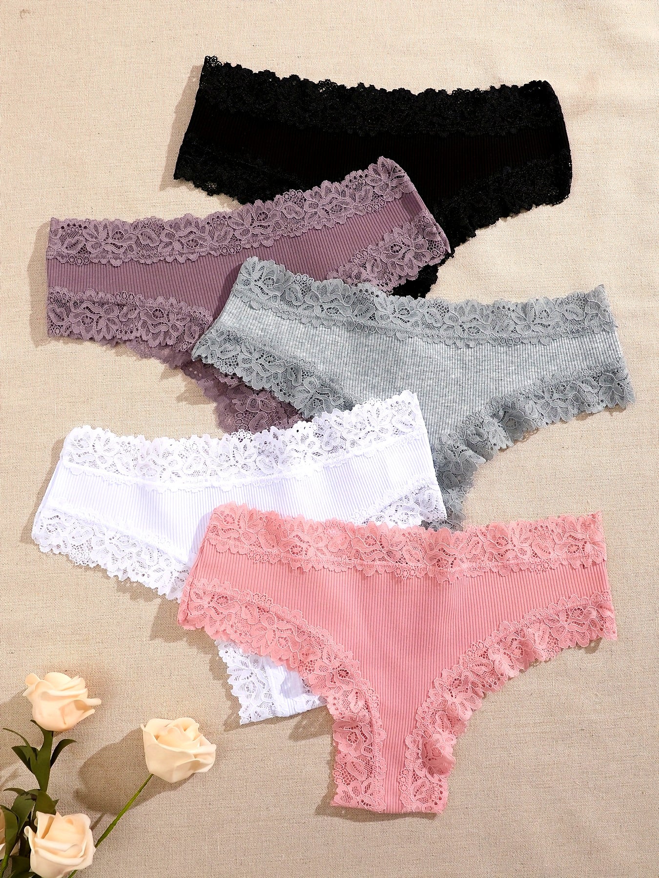 5pcs Solid Lace Trim Briefs, Comfy & Breathable Intimate Panties, Women's Lingerie & Underwear