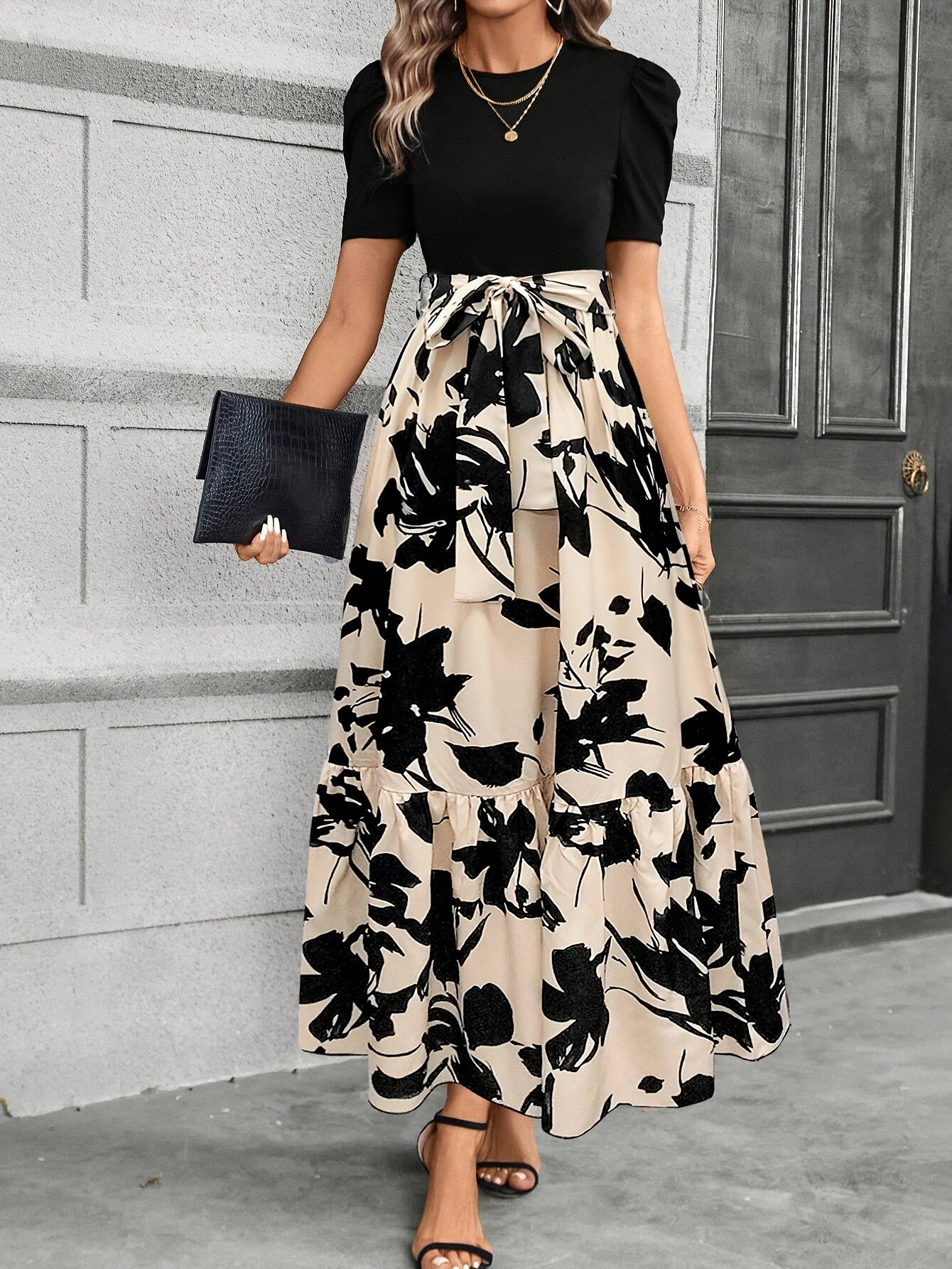 Print Midi Dress with Belt Short Sleeve