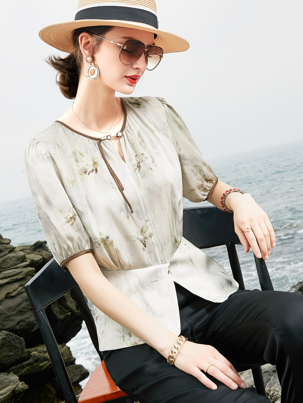 Women's Blouse - Soft Pastel Floral shirt with Twist Front, Breathable Office & Party