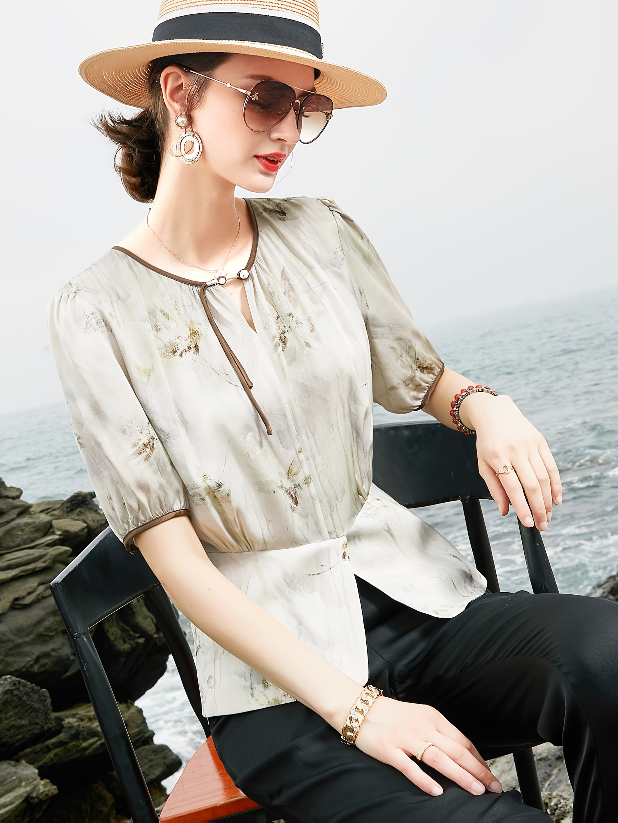 Women's Blouse - Soft Pastel Floral shirt with Twist Front, Breathable Office & Party