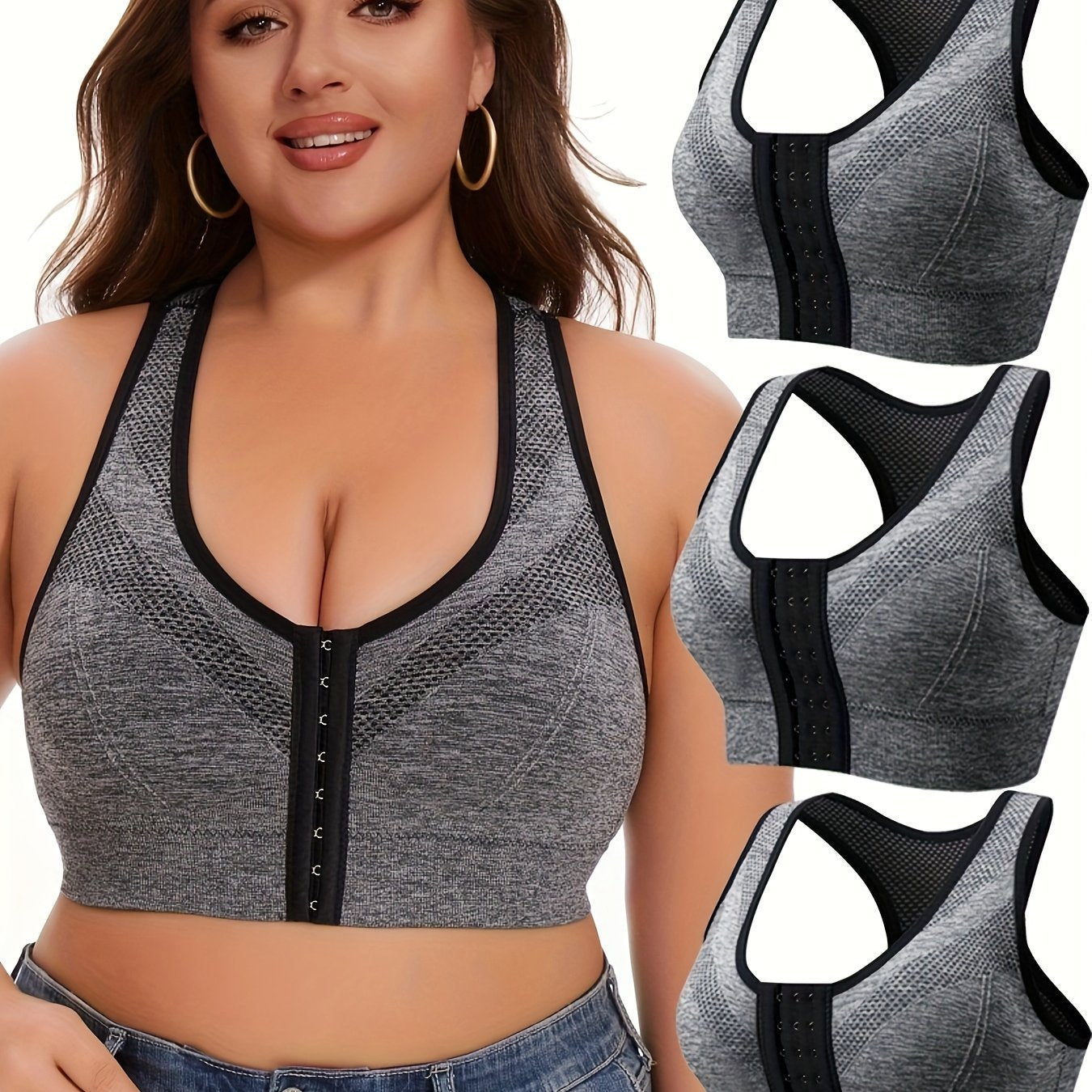 3pcs Front Closure Wire-Free Sports Bras - Breathable High-Elasticity Yoga Bras with Removable Pads, Plus Size V-Neck Design in