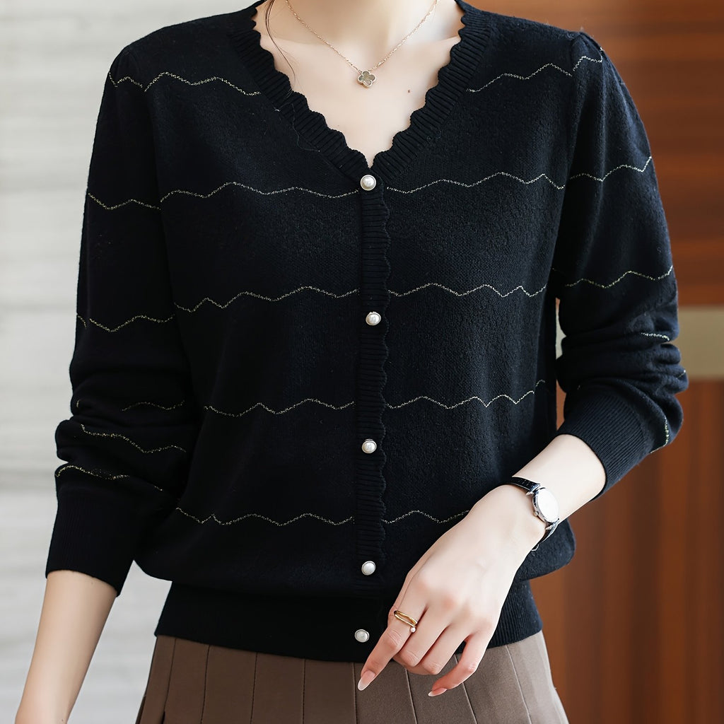 Women'S Elegant V-Neck Blouse - Lightweight Breathable Long Sleeve Shirt with Button Front