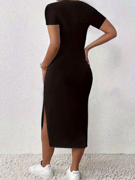 Women's Stylish Short Sleeve Side-Slit Dress with Butterfly Print - Black, Sequin Details, Form-Fitting, Casual Spring/Summer Wear, Machine