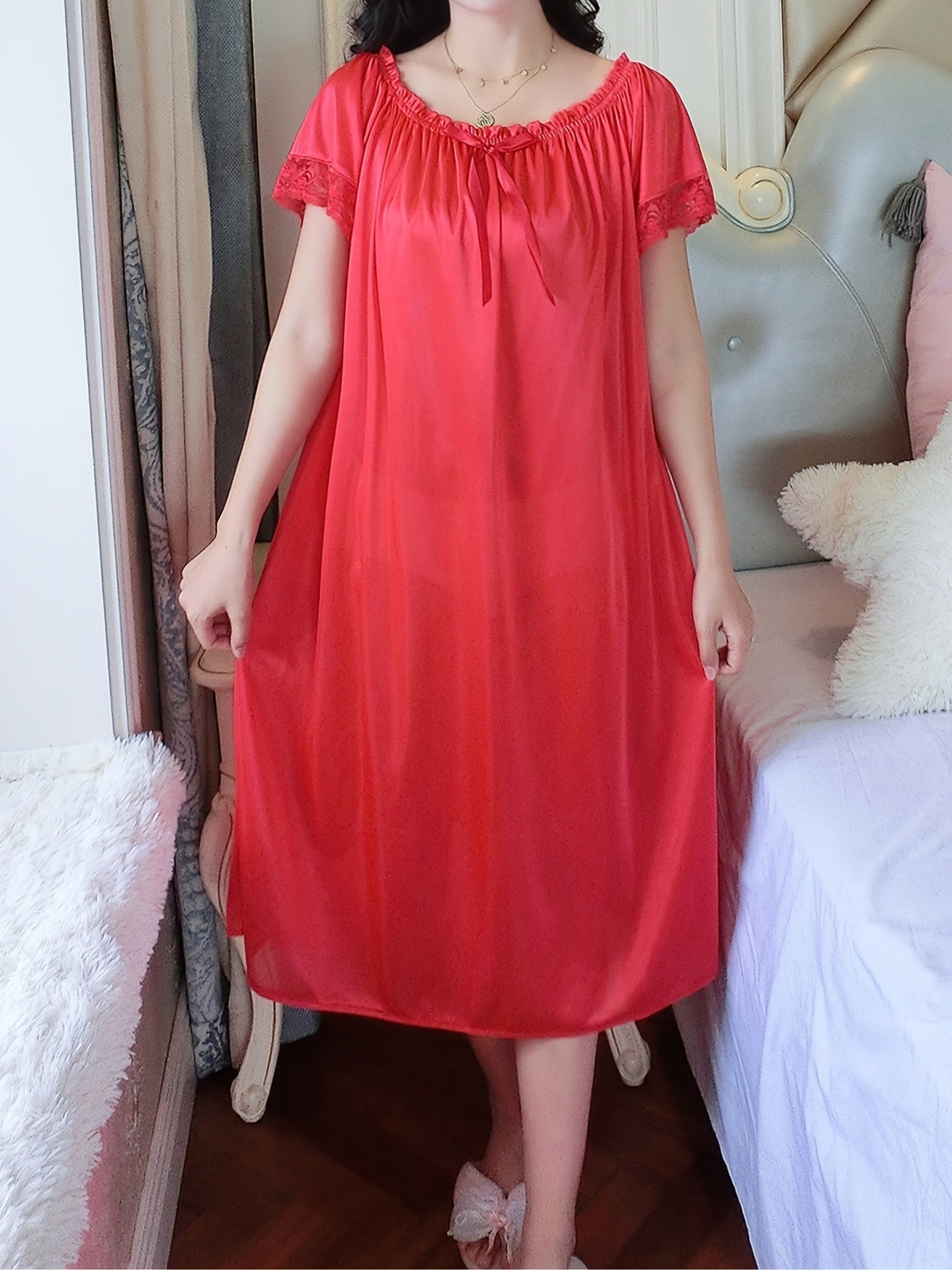 Elegant Off the Shoulder Short Sleeve Night Dress, Polyester Solid Color Slight Stretch Pullover for Adult Women, Spring/Summer Sleepwear