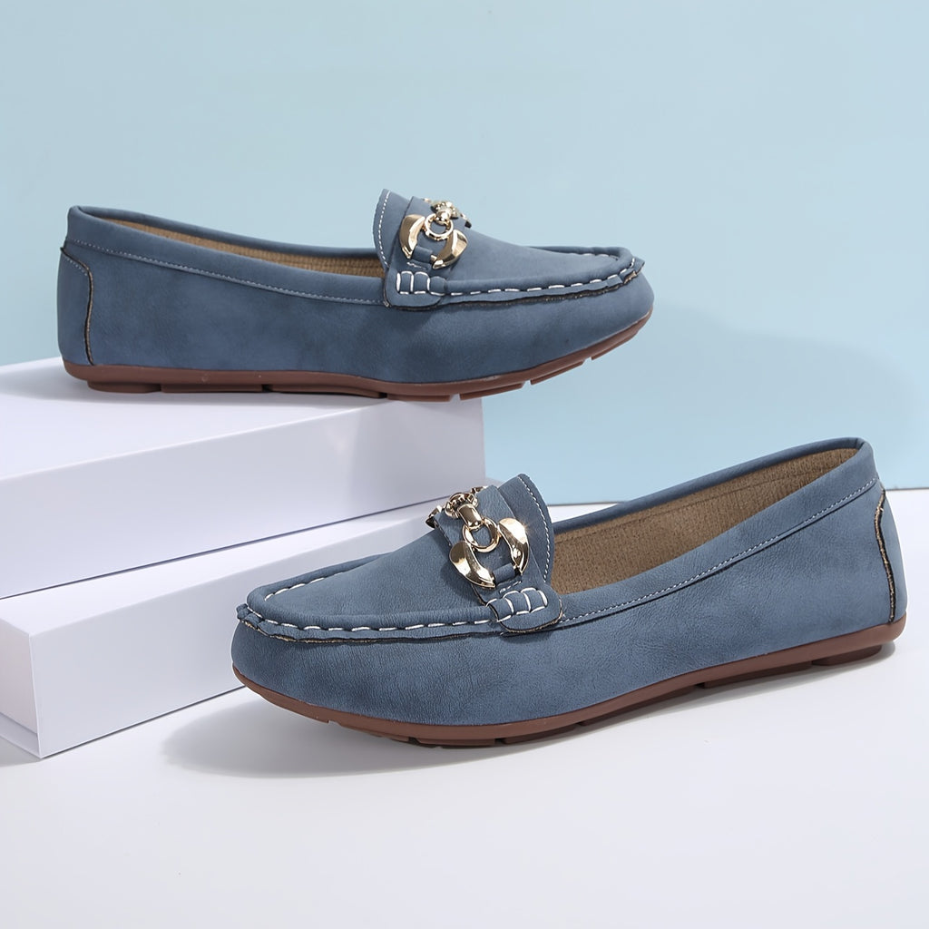 Women's Slip-On Soft Sole Casual Flats with Decorative Chain & Metallic Accents - PU Cover Upper, Breathable Fabric Lining, Rubber Sole - All-