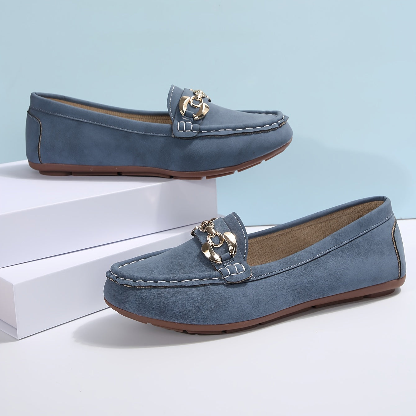 Women's Slip-On Soft Sole Casual Flats with Decorative Chain & Metallic Accents - PU Cover Upper, Breathable Fabric Lining, Rubber Sole - All-