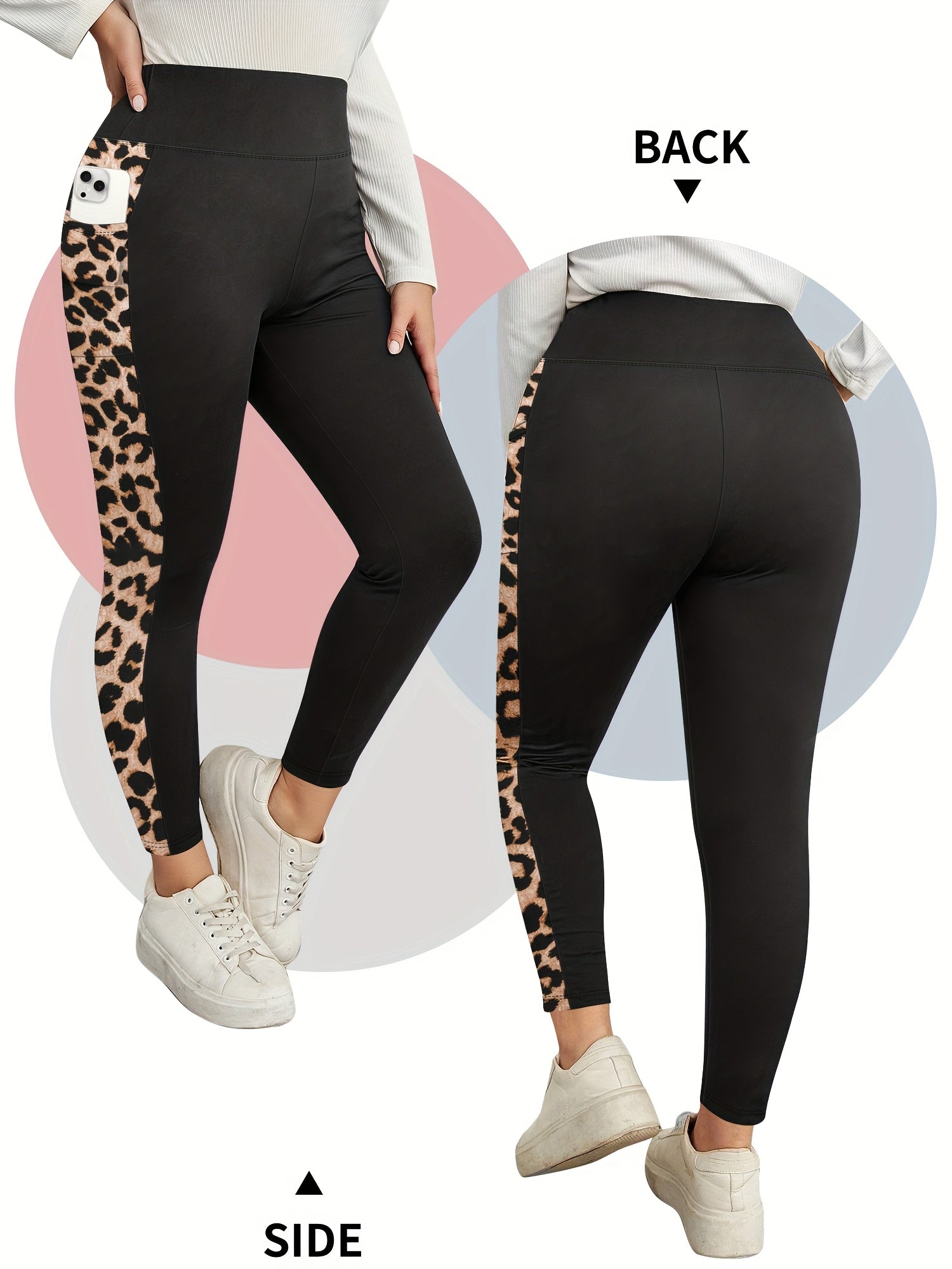 Plus Size High-Waisted Stretchy 9/10 Length Leggings with Side Leopard Print