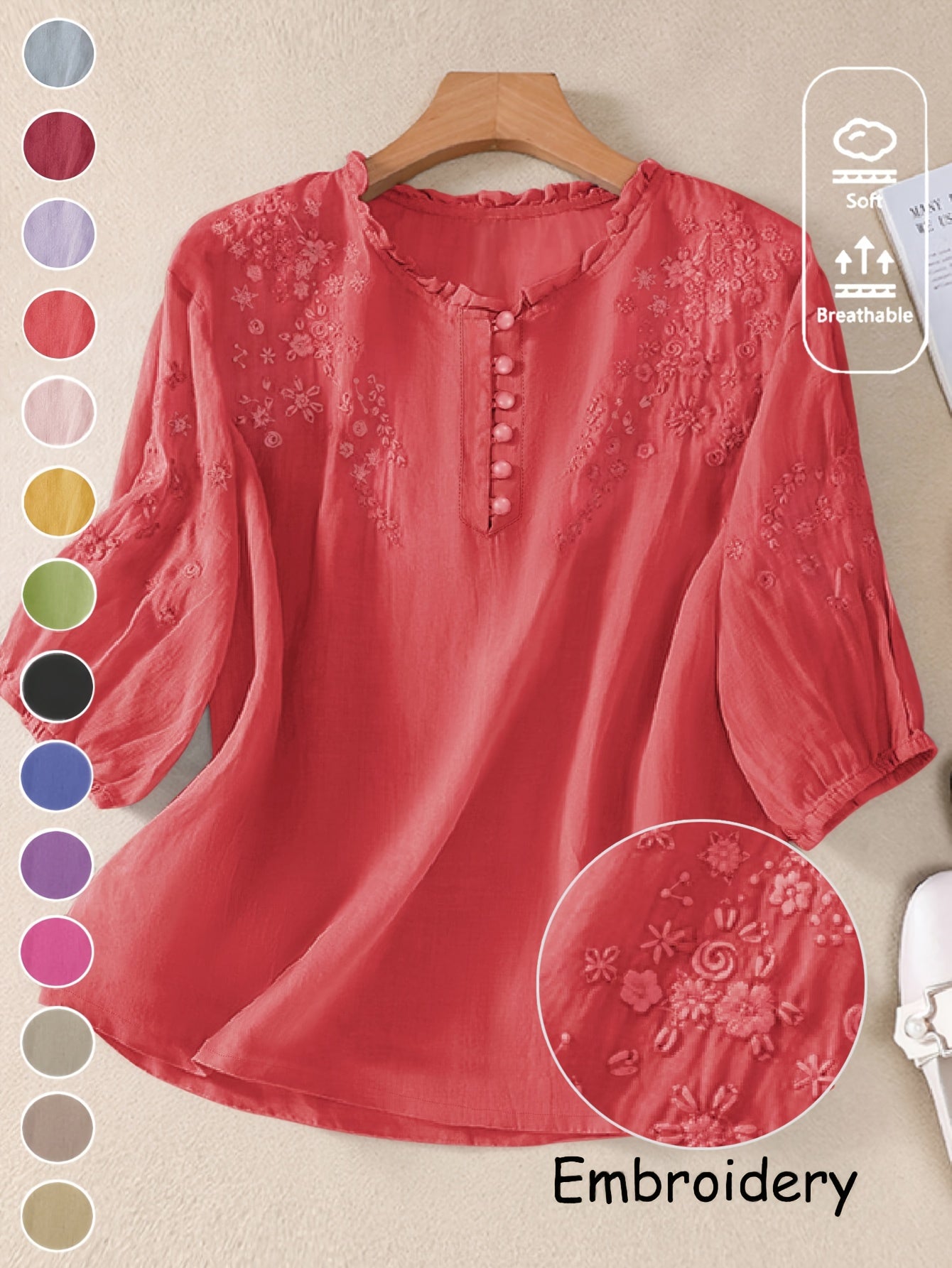 Women's Spring/Summer Embroidered Loose Fit Retro Mid-Sleeve Blouse