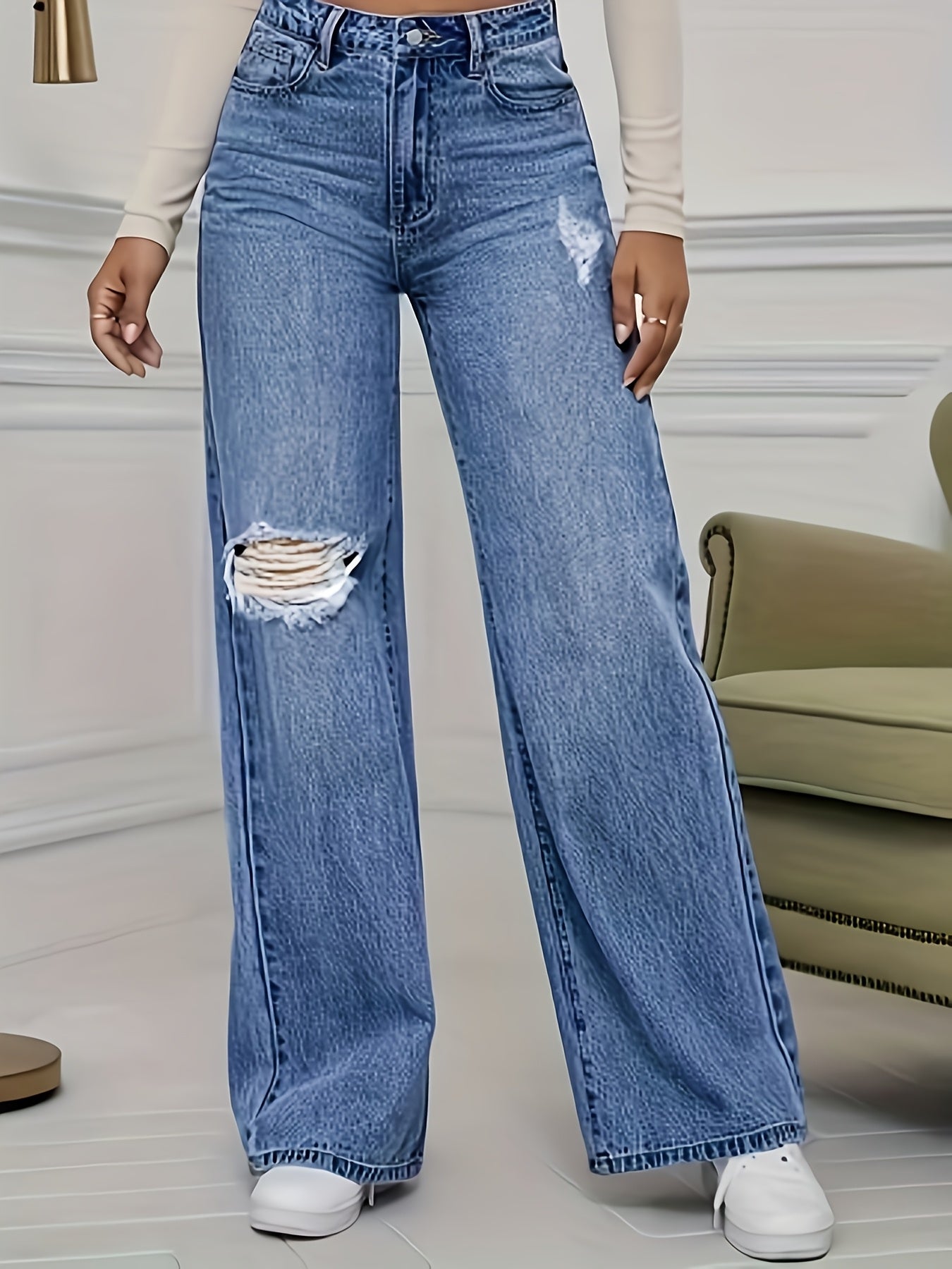 New European and American Plus Size Women's Straight-Leg Distressed Jeans