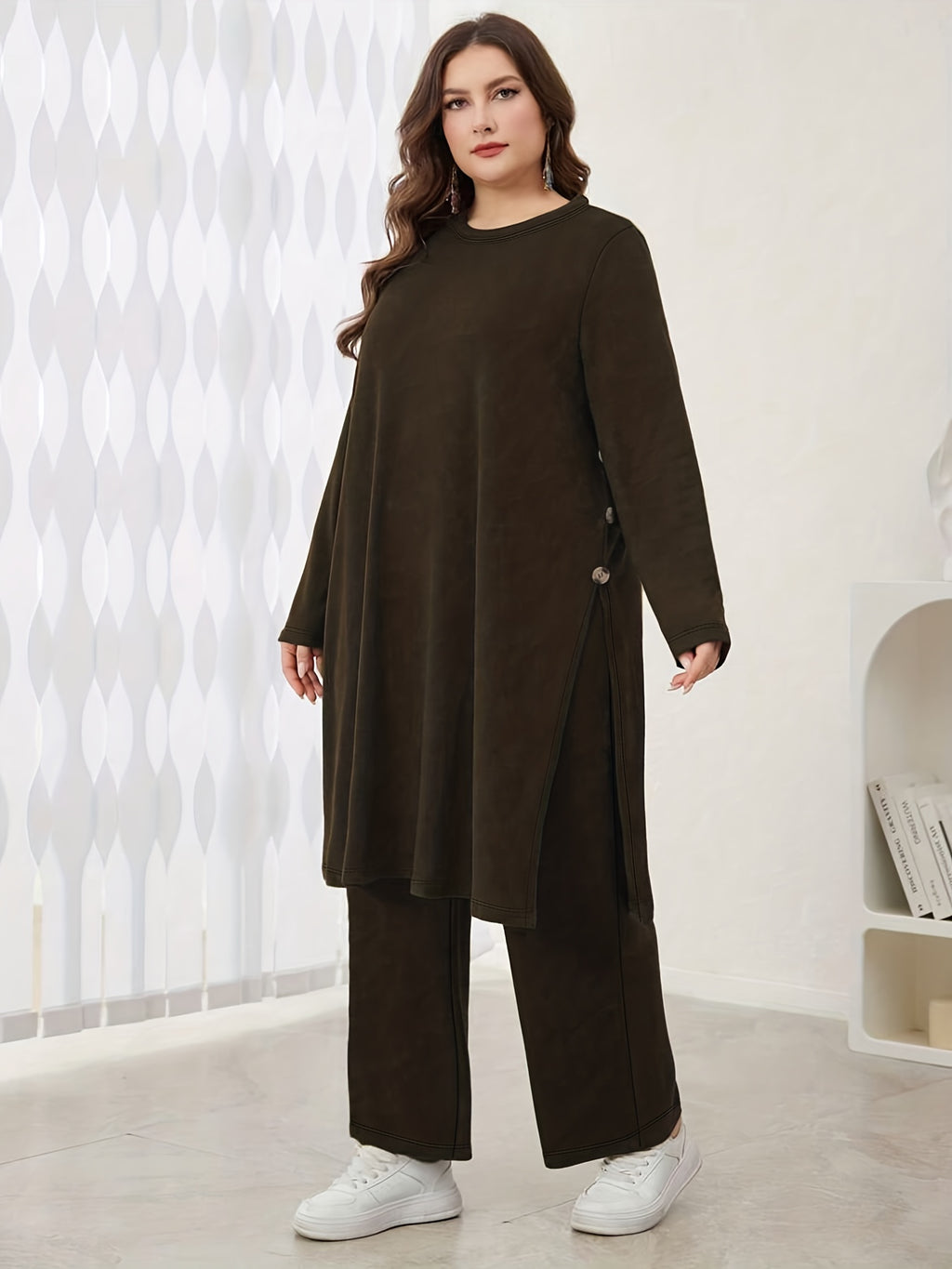 Plus Size, 2pcs Elegant Maxi Matching Outfit - Oversized Wide-Leg Pants & Slit Maxi Dress