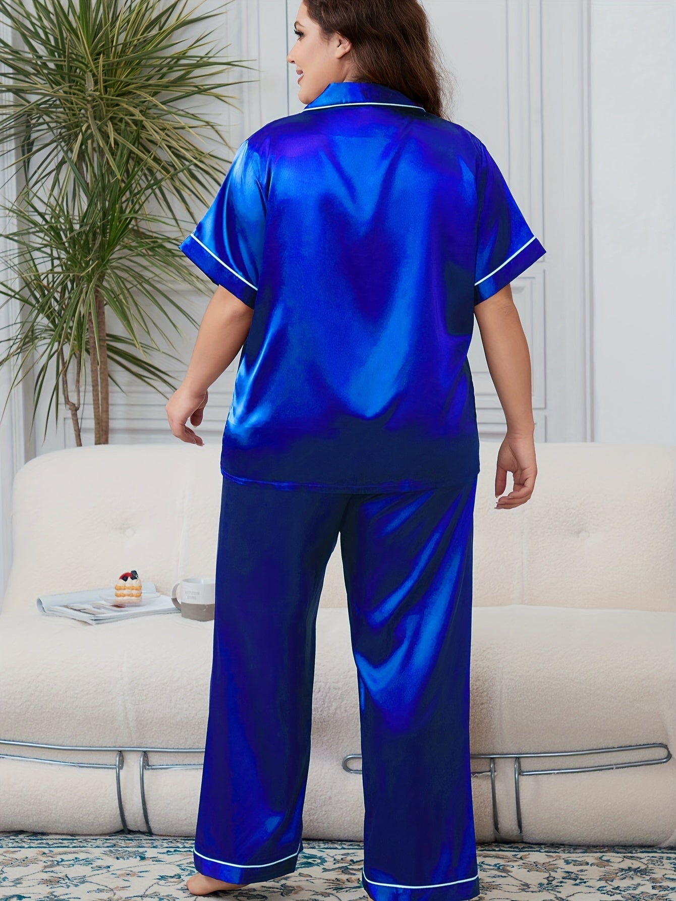 Plus Size Elegant Pajamas Set, Women's Contrast Binding Short Sleeve Button Up Lapel Collar Shirt & Pants Two Piece Lounge Set