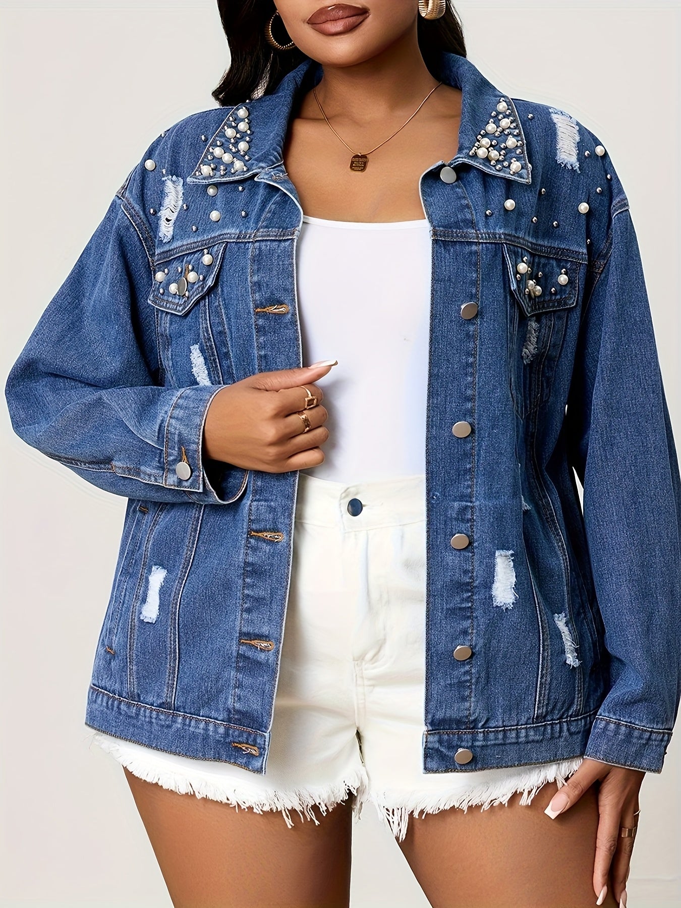 Plus-Size Unique Pearl Distressed Women's Jacket