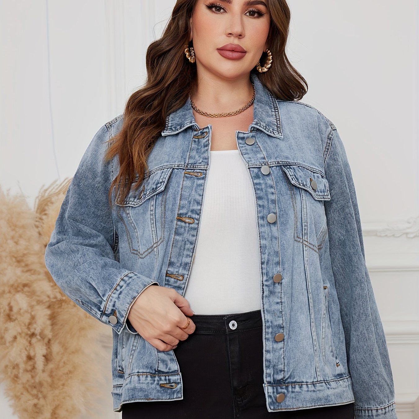 Plus Drop Shoulder Denim Jacket for Women
