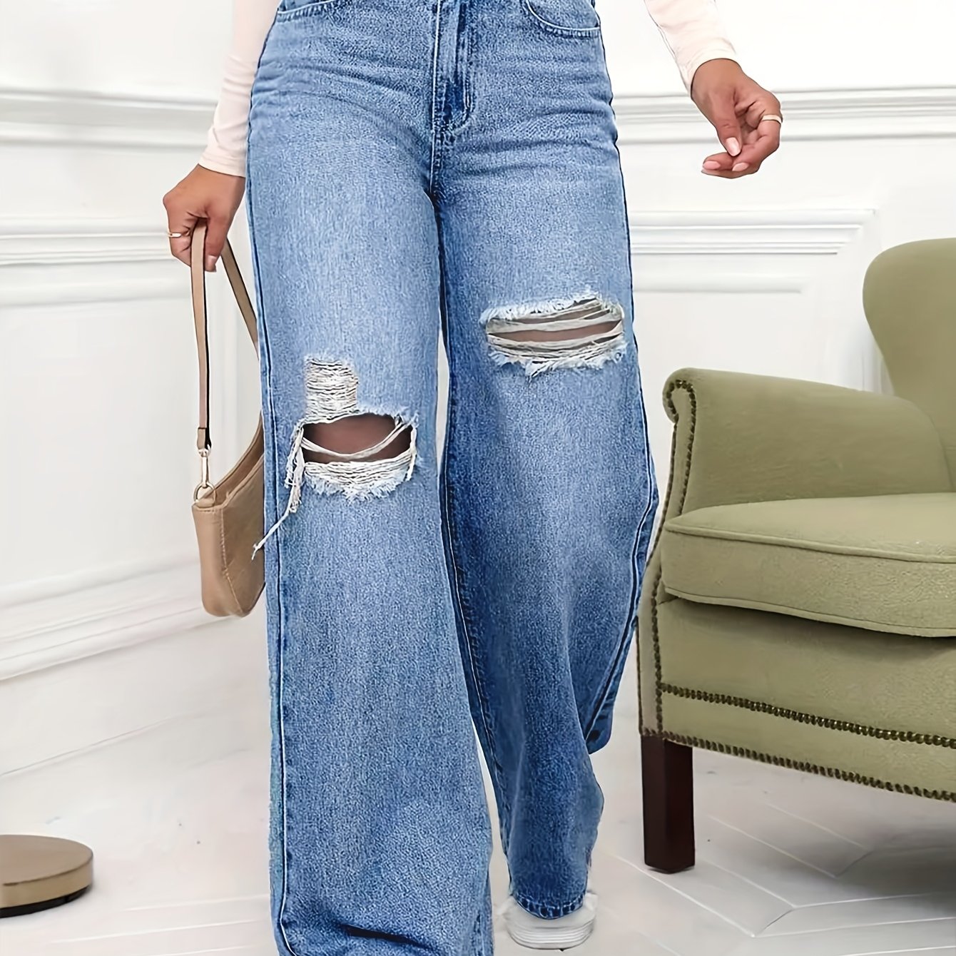 Women's Plus Size High-Waisted Stretch Pants with Distressed Knee Rips