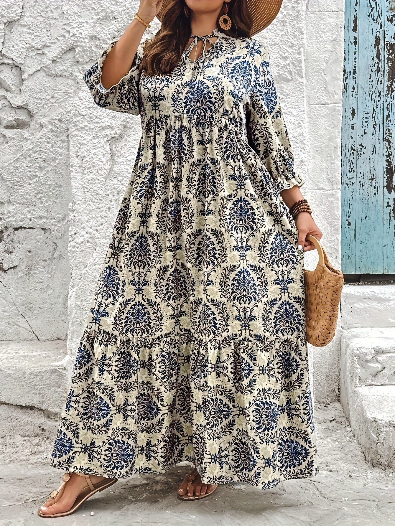 Floral Print, 3/4 Sleeve, Ruffle Hem, Polyester