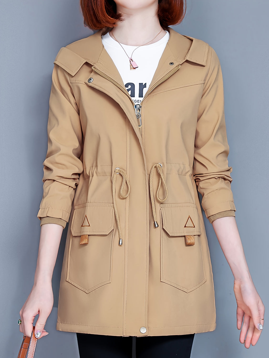 Kesixsty Women's Mid-Length Hooded Windbreaker Jacket with Plush Lining