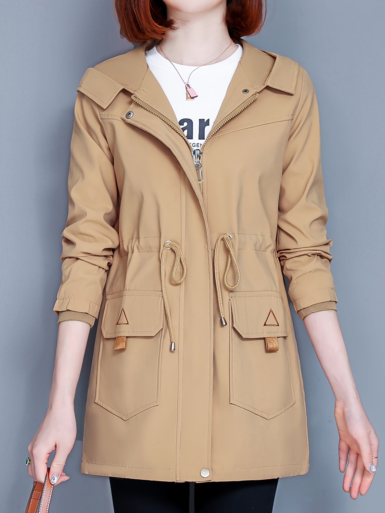 Kesixsty Women's Mid-Length Hooded Windbreaker Jacket with Plush Lining