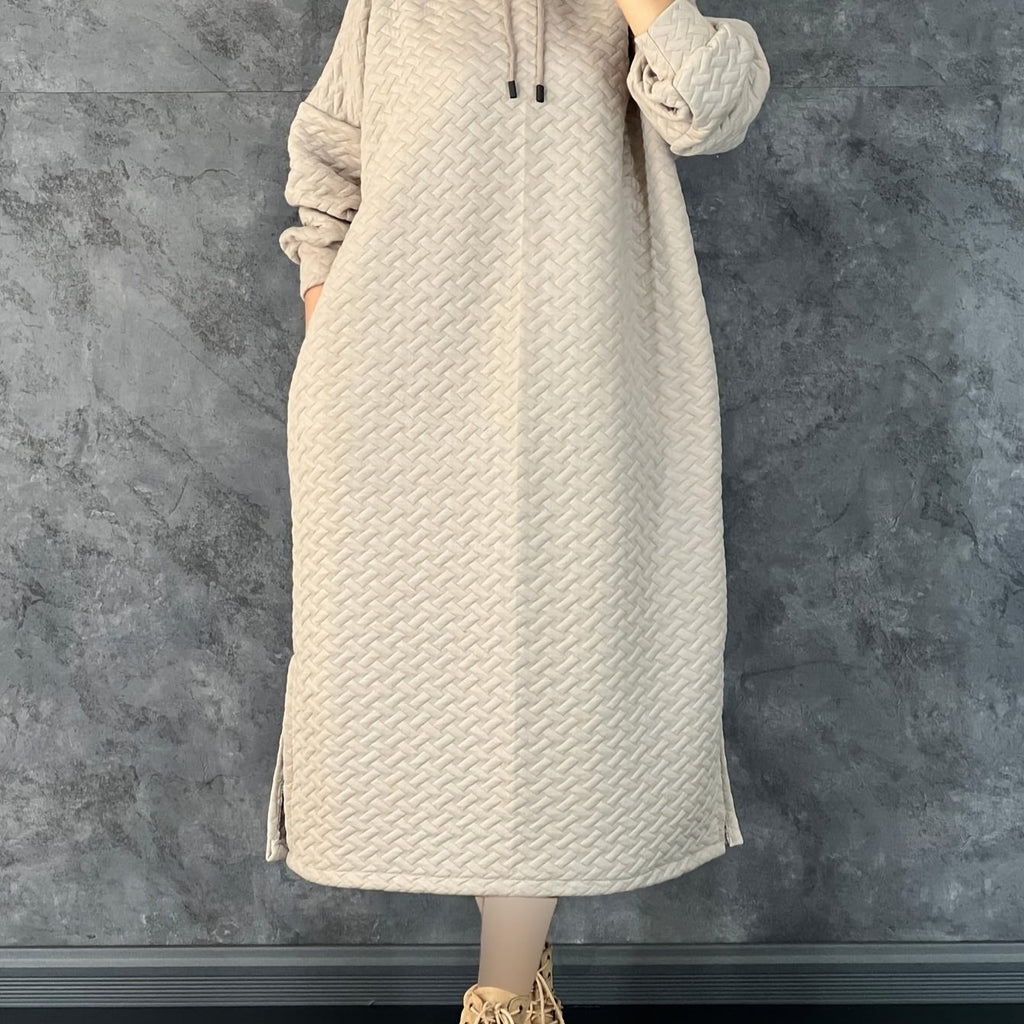 Women's Casual Hooded Long Sleeve Dress with Pockets - Solid Color