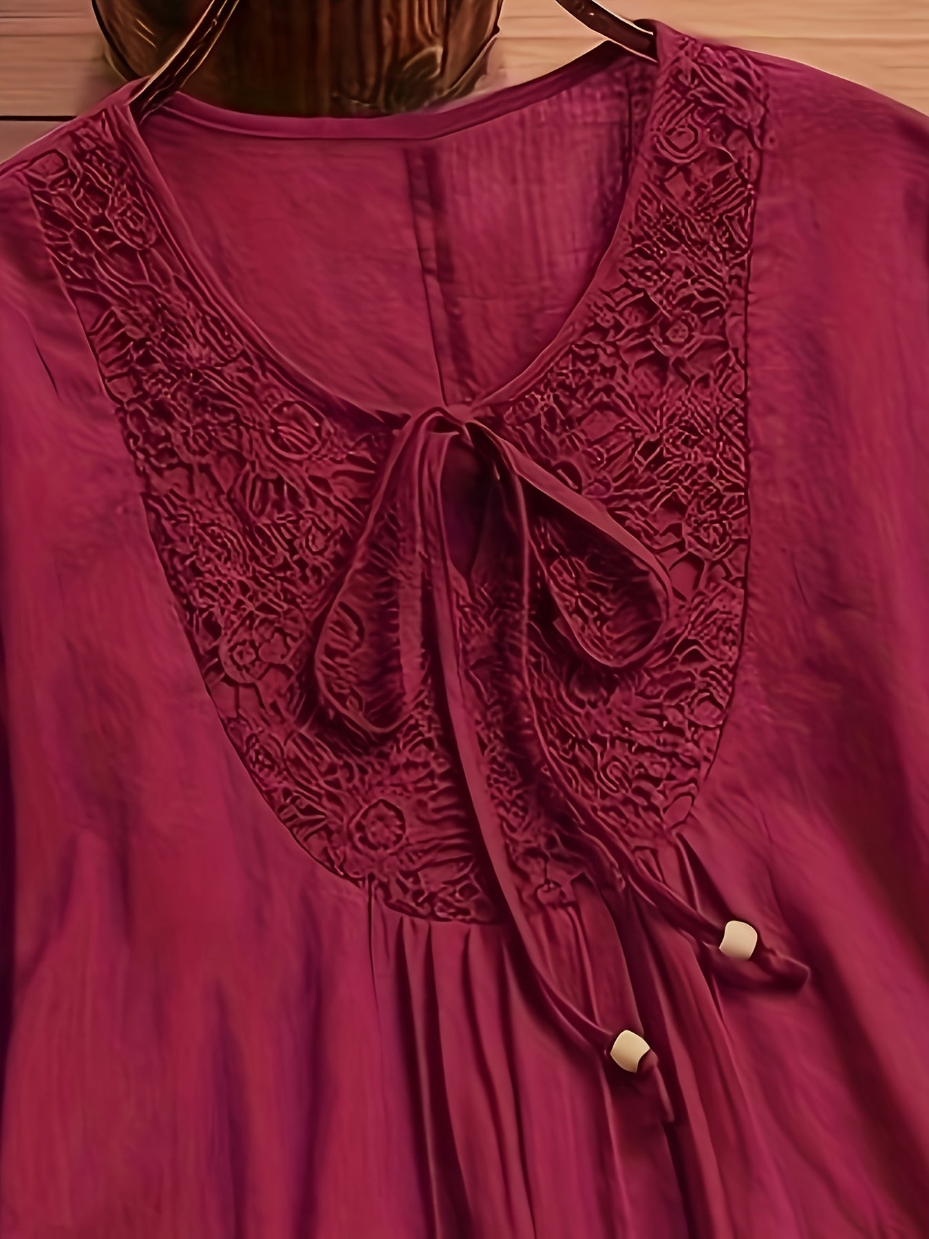 Women's Burgundy Lace Trim Blouse - Non-See-Through Semi-formal Shirt with Tie-like Bow