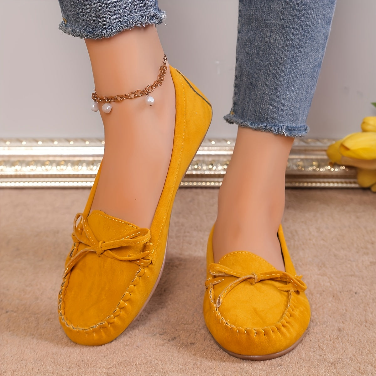 [Pair of Vintage Loafers] Vintage Style Pair of Women's Loafers | Solid Color Slip-On Flats with Bow, Suitable for All Seasons, Fashionable Retro Shoes
