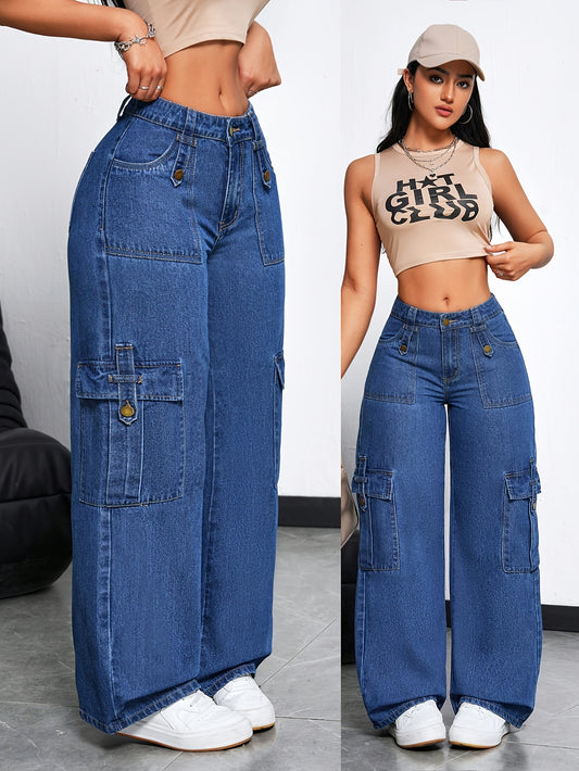 Women's High-Waisted Cargo Jeans with Multiple Pockets