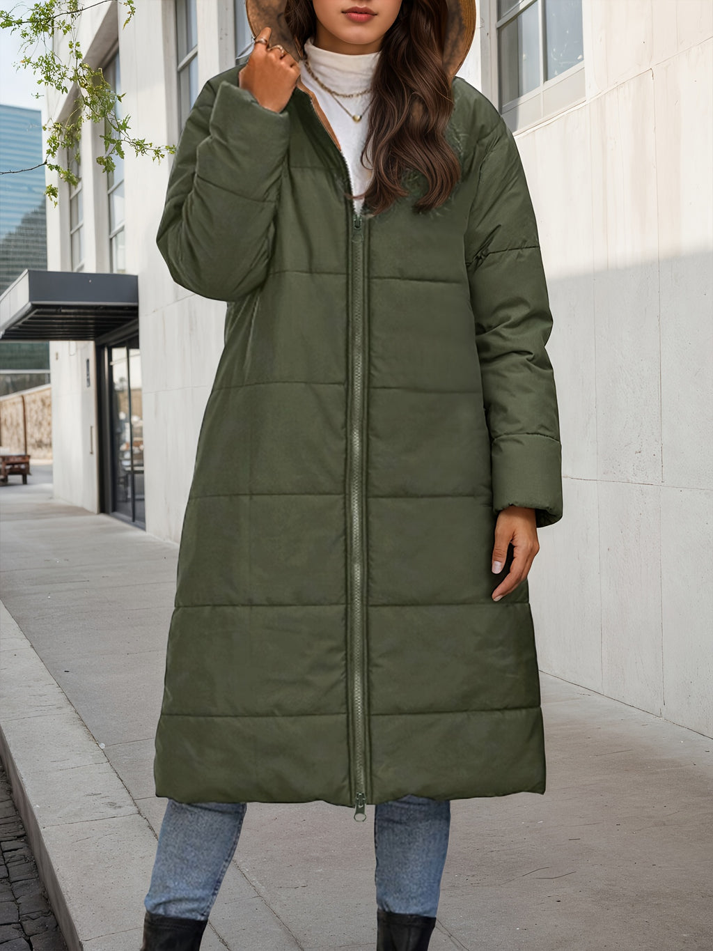 Women's Elegant Plush-Like Quilted Hooded Coat - Long Winter Jacket with Hood