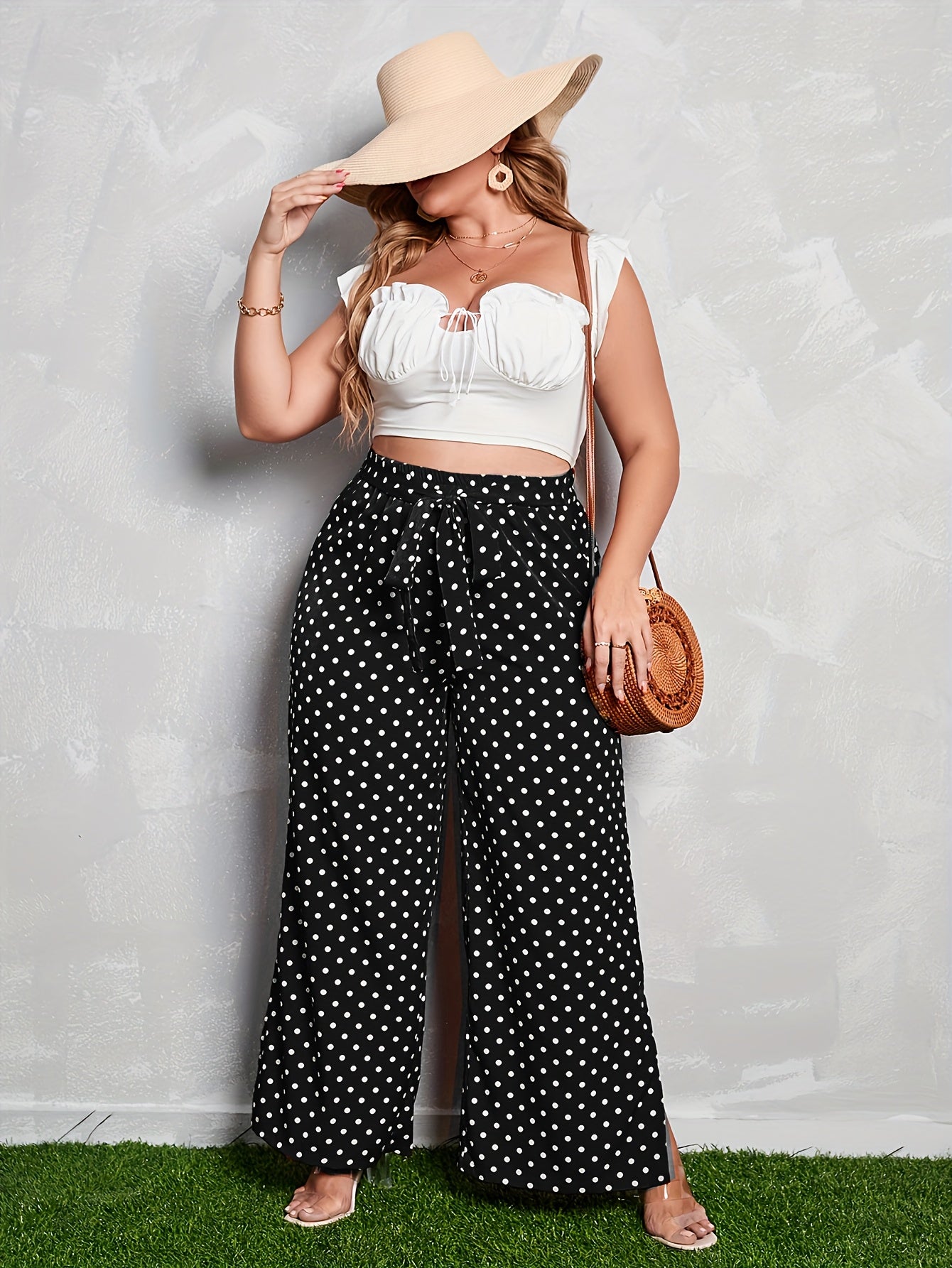Women's Plus Size Black Polka Dot Wide Leg Pants