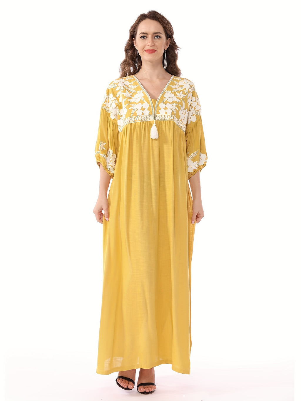 Women's White Floral Embroidery - Loose Fit, V-Neck, Half Sleeve, Non-Stretch Fabric