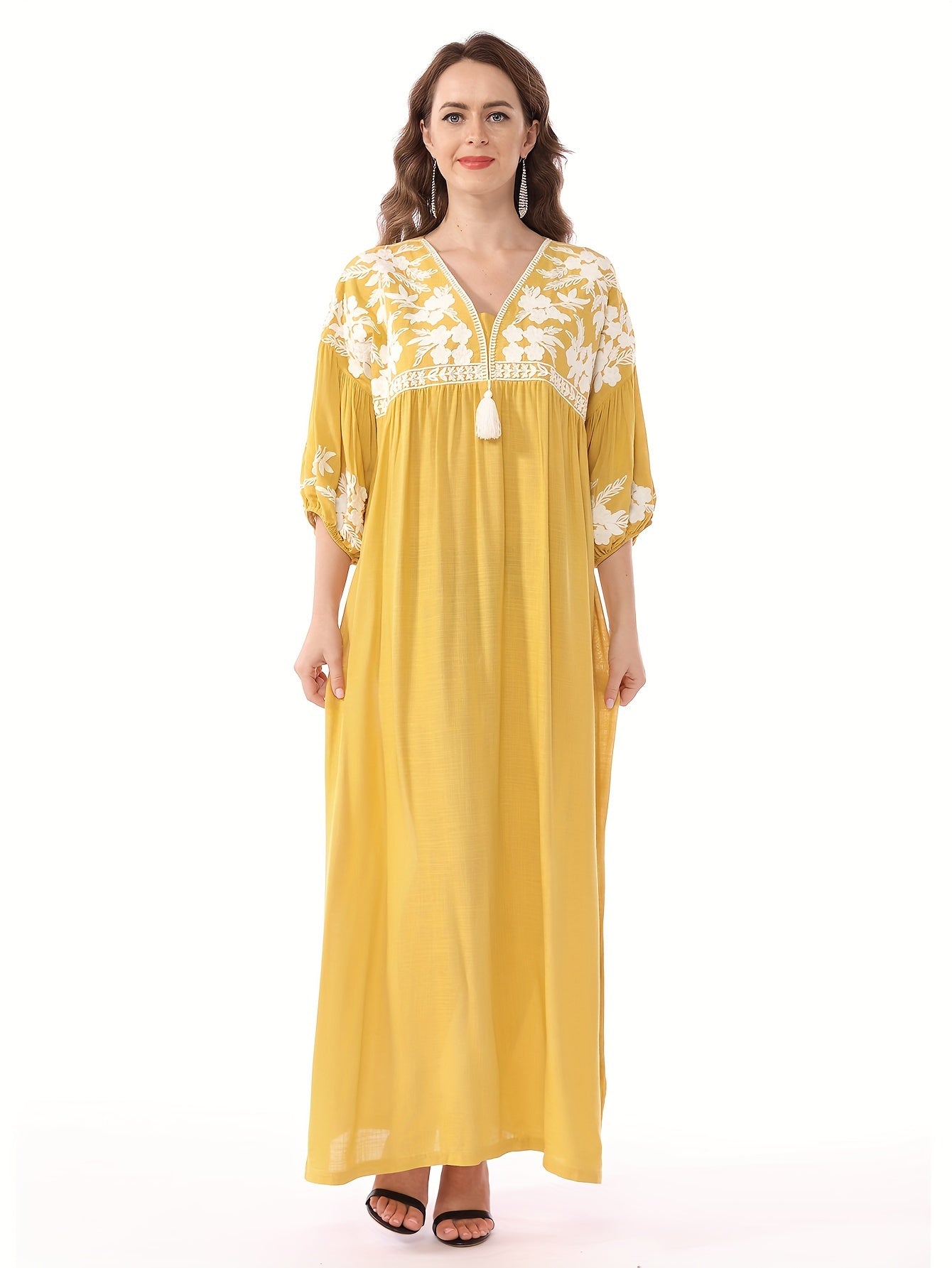 Women's White Floral Embroidery - Loose Fit, V-Neck, Half Sleeve, Non-Stretch Fabric