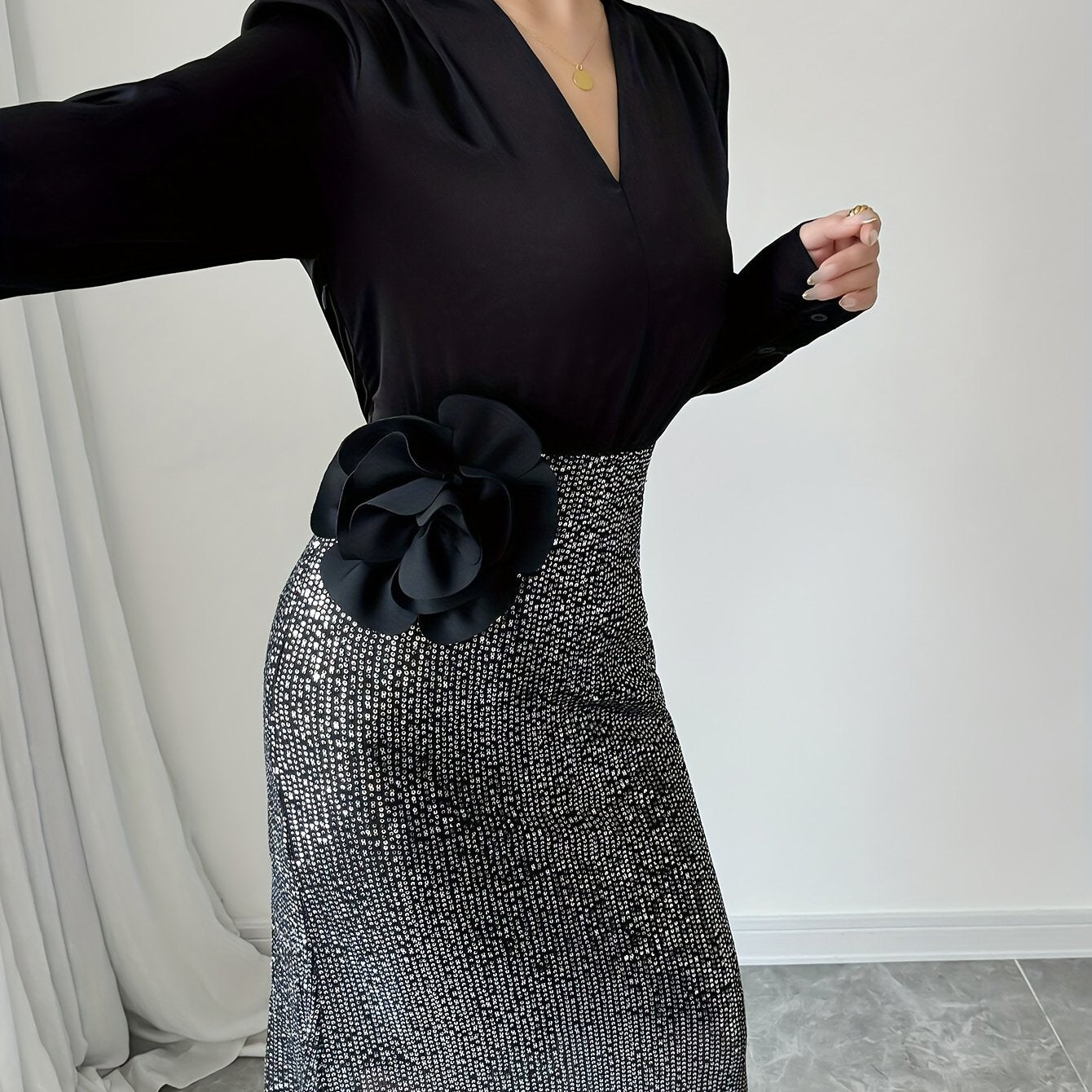 French Elegant V-Neck Sequin 3D Rose Dress - Sparkling Long Sleeve A-Line Evening Gown