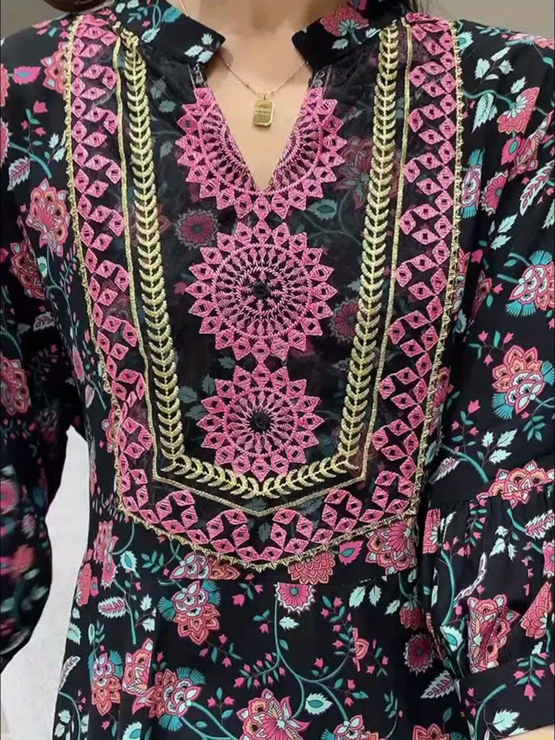 Middle Eastern Style Polyester Blend Elegant V-Neck Embroidered Dress with Belt
