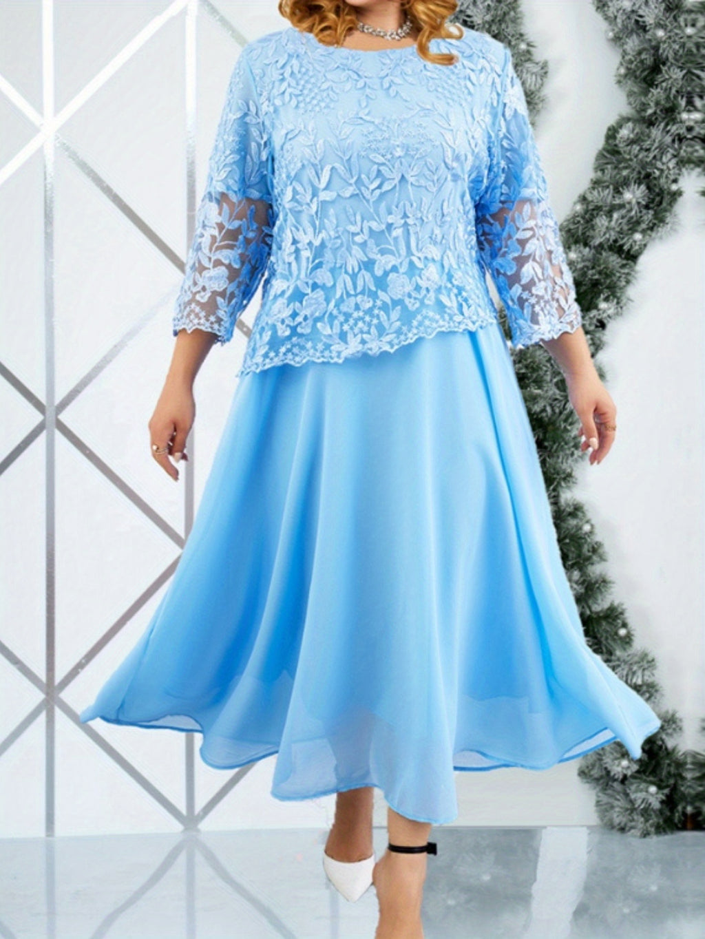 Plus Size Elegant Embroidered Lace Midi Dress for Women - Sleeveless, Chiffon Fabric, Crew Neck, Ball Gown Skirt, Summer Wedding Party