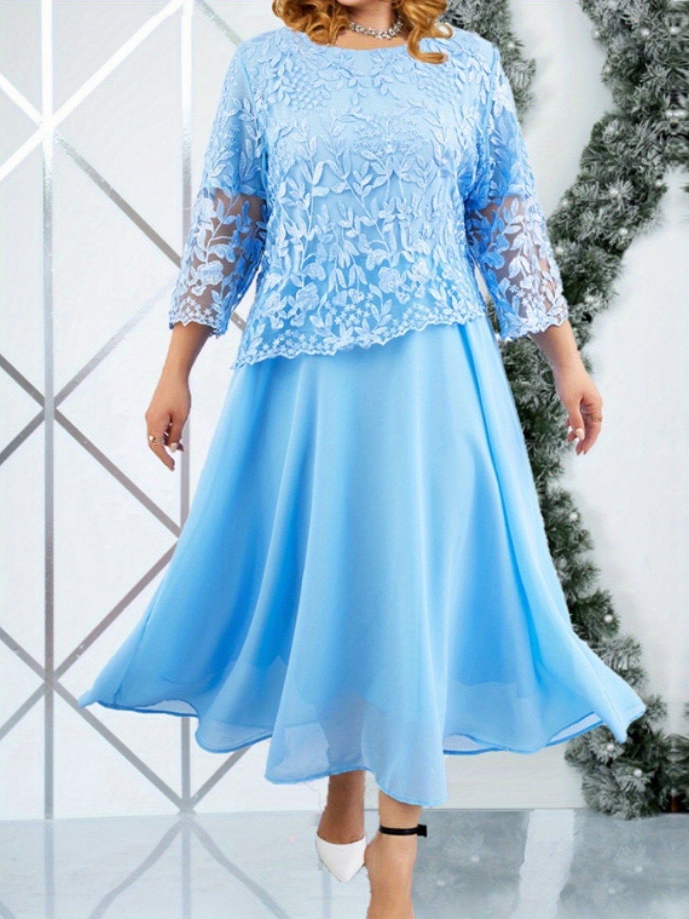 Plus Size Elegant Embroidered Lace Midi Dress for Women - Sleeveless, Chiffon Fabric, Crew Neck, Ball Gown Skirt, Summer Wedding Party