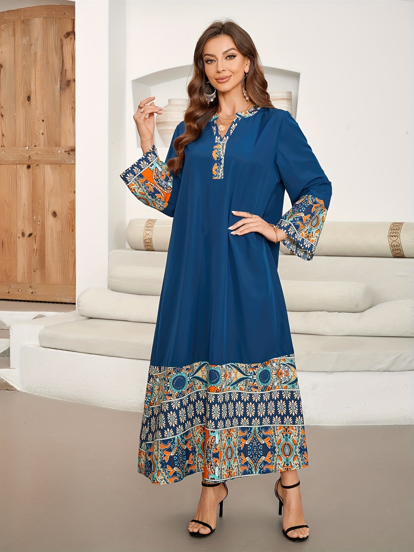Elegant Notched Neck, Long Sleeve, Loose Fit