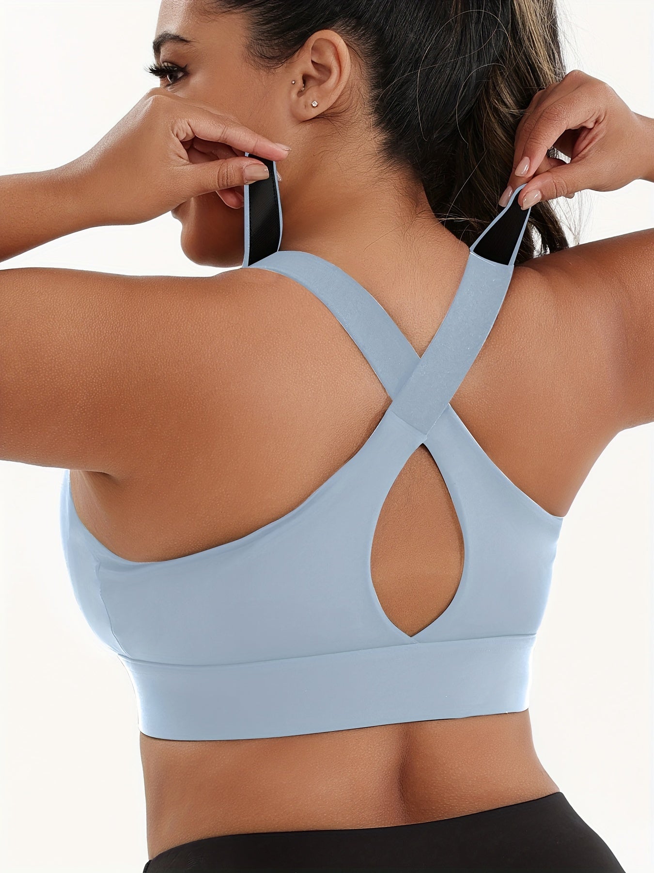 [Plus Size Sports Bra] High-Elasticity Plus Size Sports Bra | Women's Blue Bra with Zipper, Non-Removable Padding, Adjustable Shoulder Straps