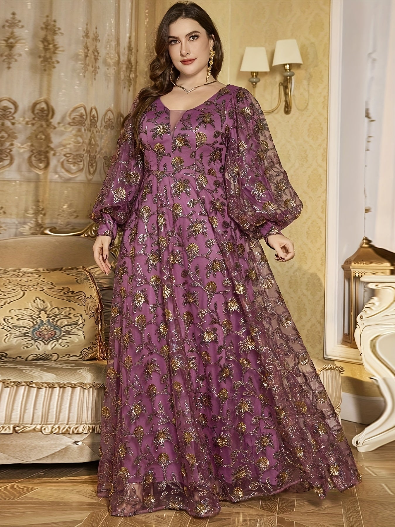 Women's Plus Size Elegant V-Neck Lantern Sleeve Maxi Dress