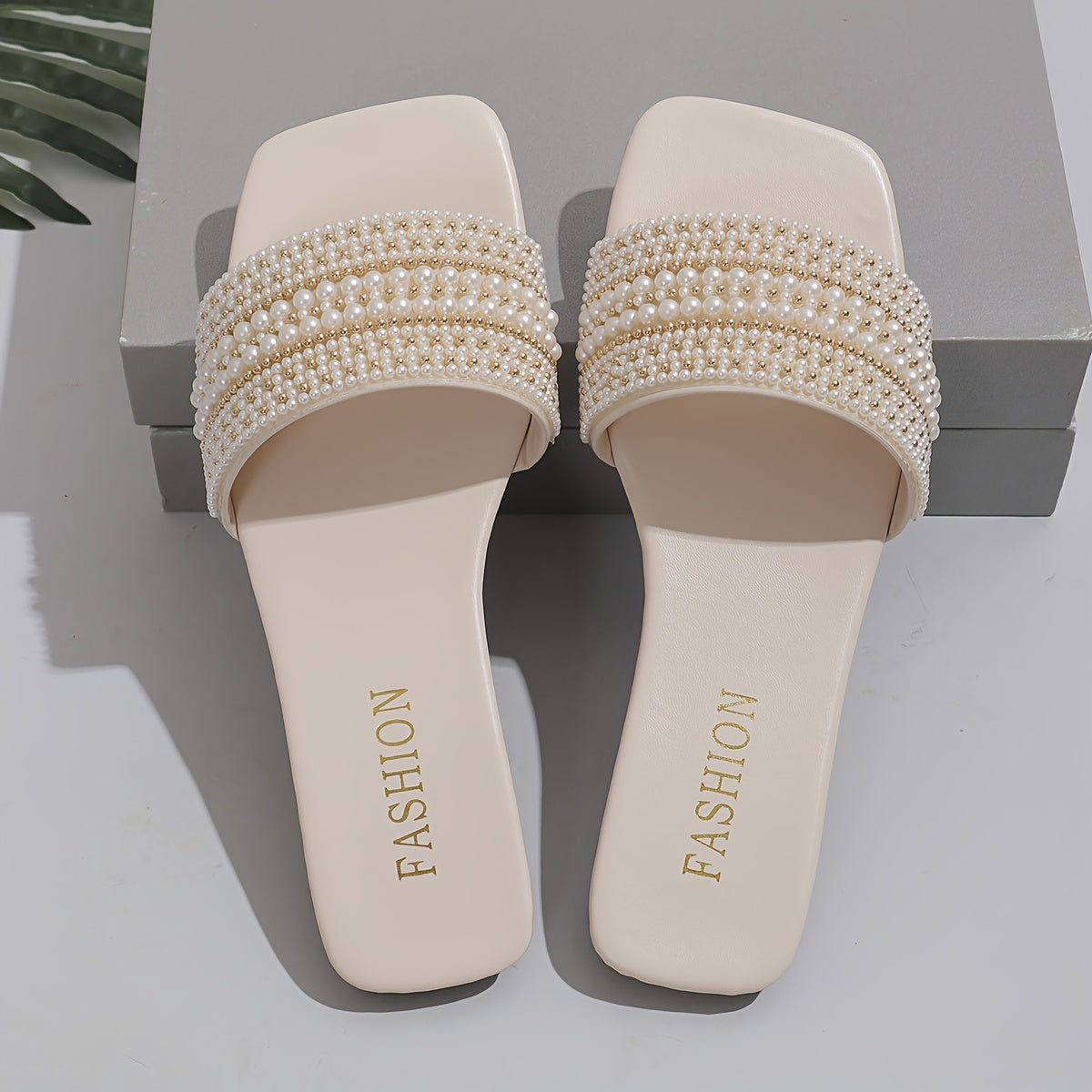 Elegant Women's Summer Flat Slide Sandals - Chic Square Toe with Pearl & Rhinestone Embellishments, Casual Slip-On Design, Faux Cover