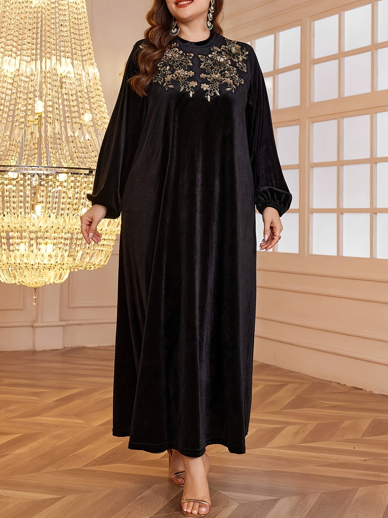 Women's Elegant Plus Size Floor-Length Formal & Everyday Maxi Dress - Winter Warmth Long Sleeve