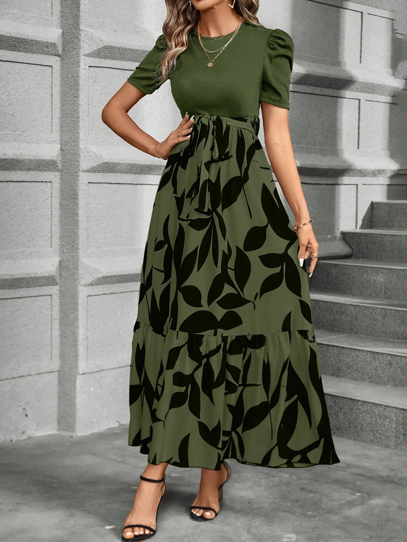 Print Midi Dress with Belt Short Sleeve