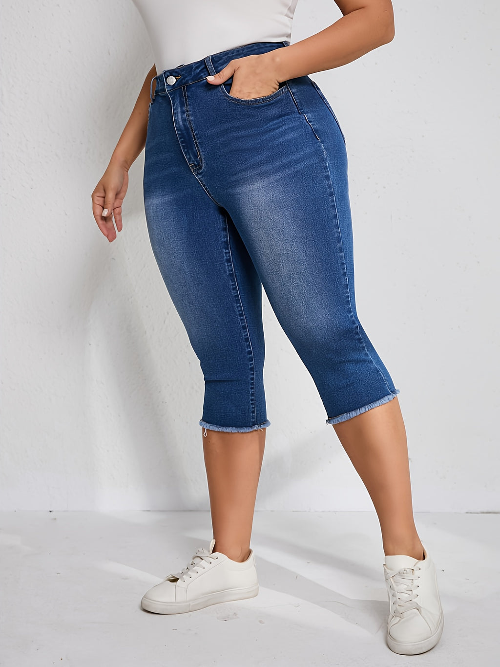 Plus size Women's cropped jeans summer straight raw pants
