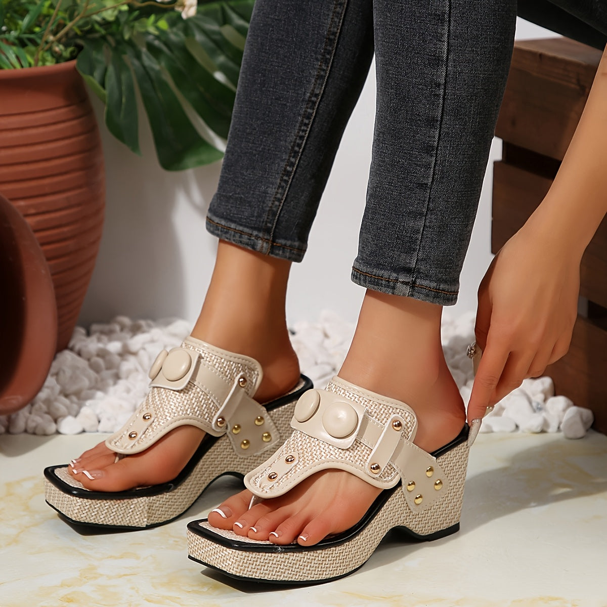 Women's Thick Platform Wedge Sandals with Metallic Studs