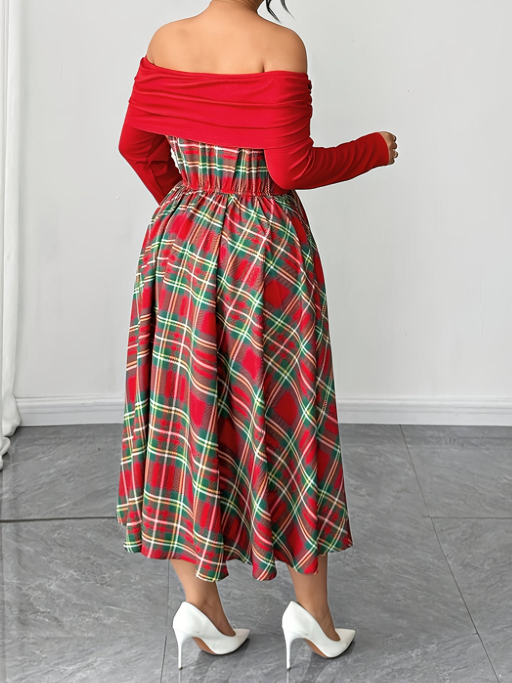 Plus Size Women's Off the Shoulder Long Sleeve Plaid Dress with Faux Pearl Buttons Suitable for Halloween, Chinese New Year, Christmas,