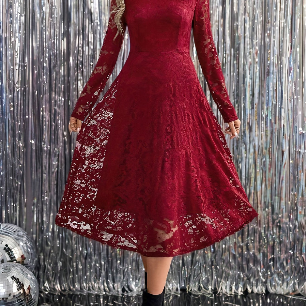 Elegant Burgundy Long-Sleeve Mid-Length Dress - Slim-Fit Party Dress for Fall/Christmas