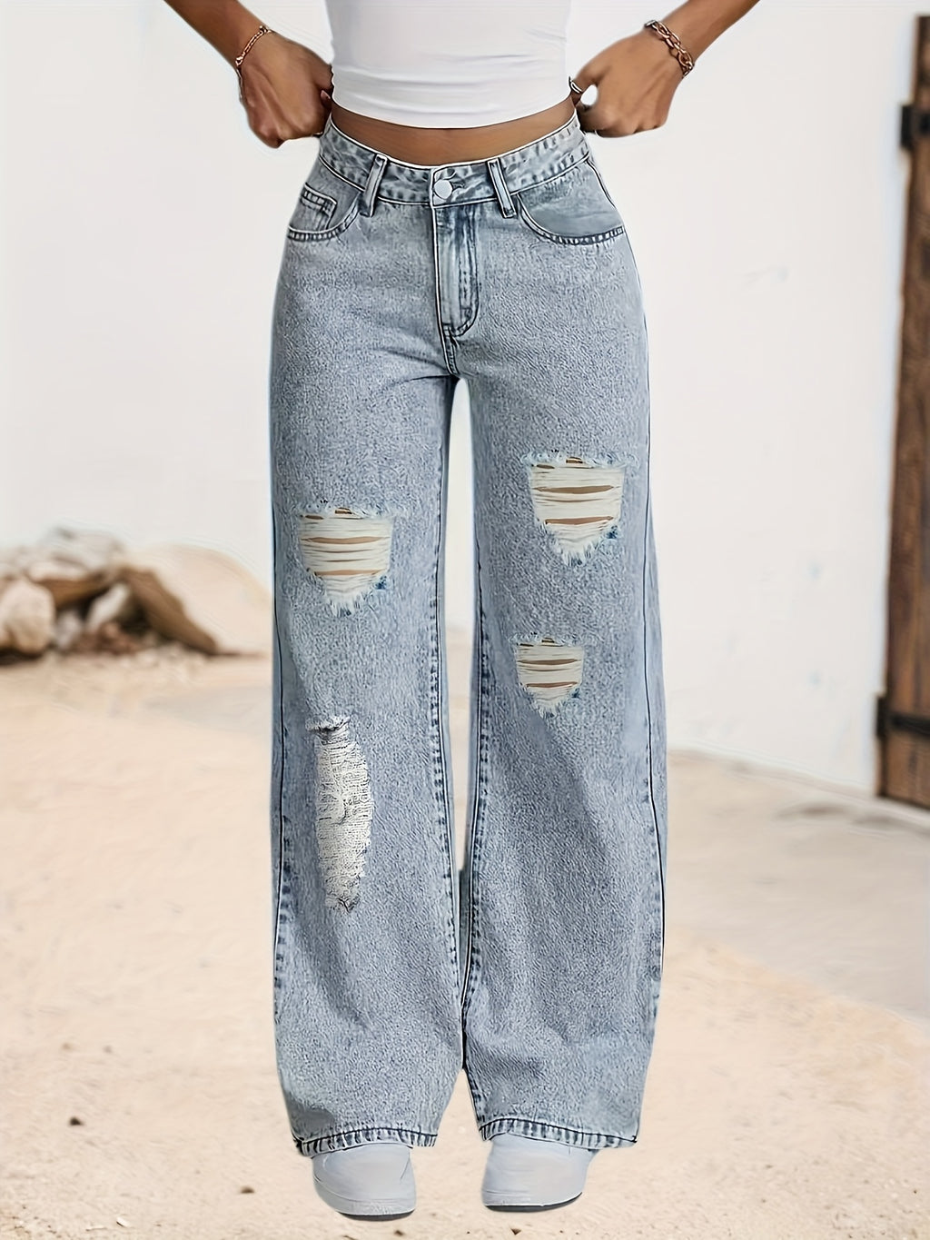 Women's Stretchy Distressed Jeans - Non-See-Through Stretchy Pants with Built-In Frayed Hem