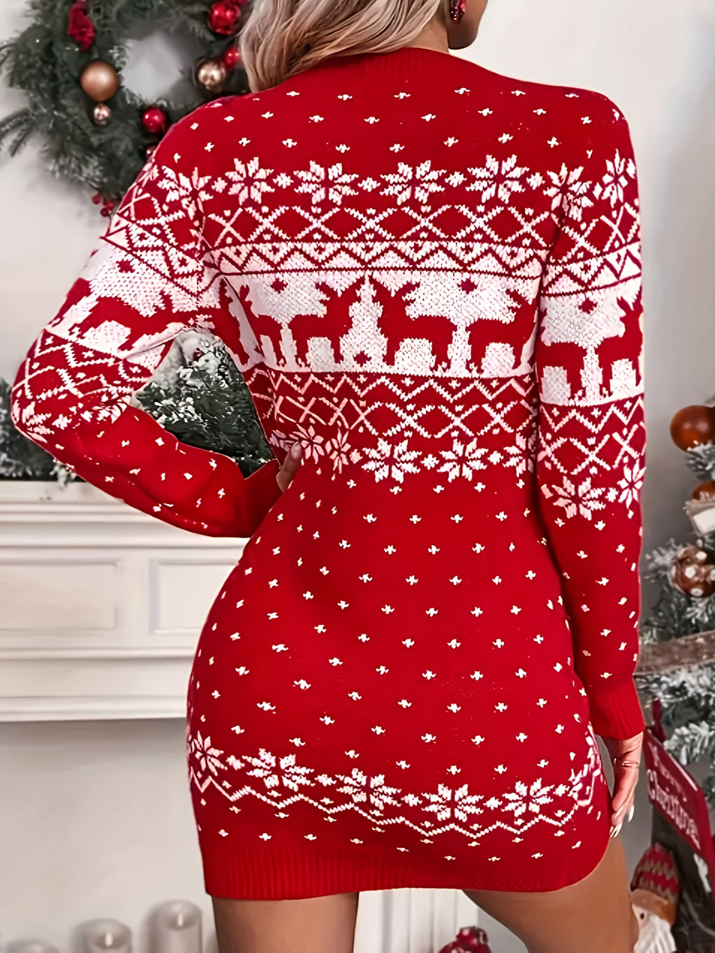 Women'S Christmas Reindeer Print Sweater Dress - Long Sleeve, Round Neck, Ribbed Texture