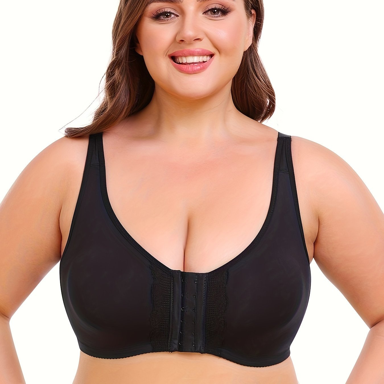 Plus Size Women's Front-Opening Sports Bra, V-Neck, Stretchy Polyester, Solid Color with Lace Detail, No Padding, Low Support, Knit Fabric, for
