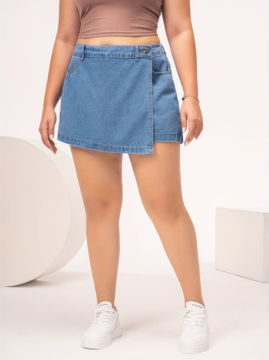 Women's Light Blue Denim Skort - Casual Style with Flap Pockets, Non-Stretch Fabric, Machine Washable, Perfect for Spring/Summer
