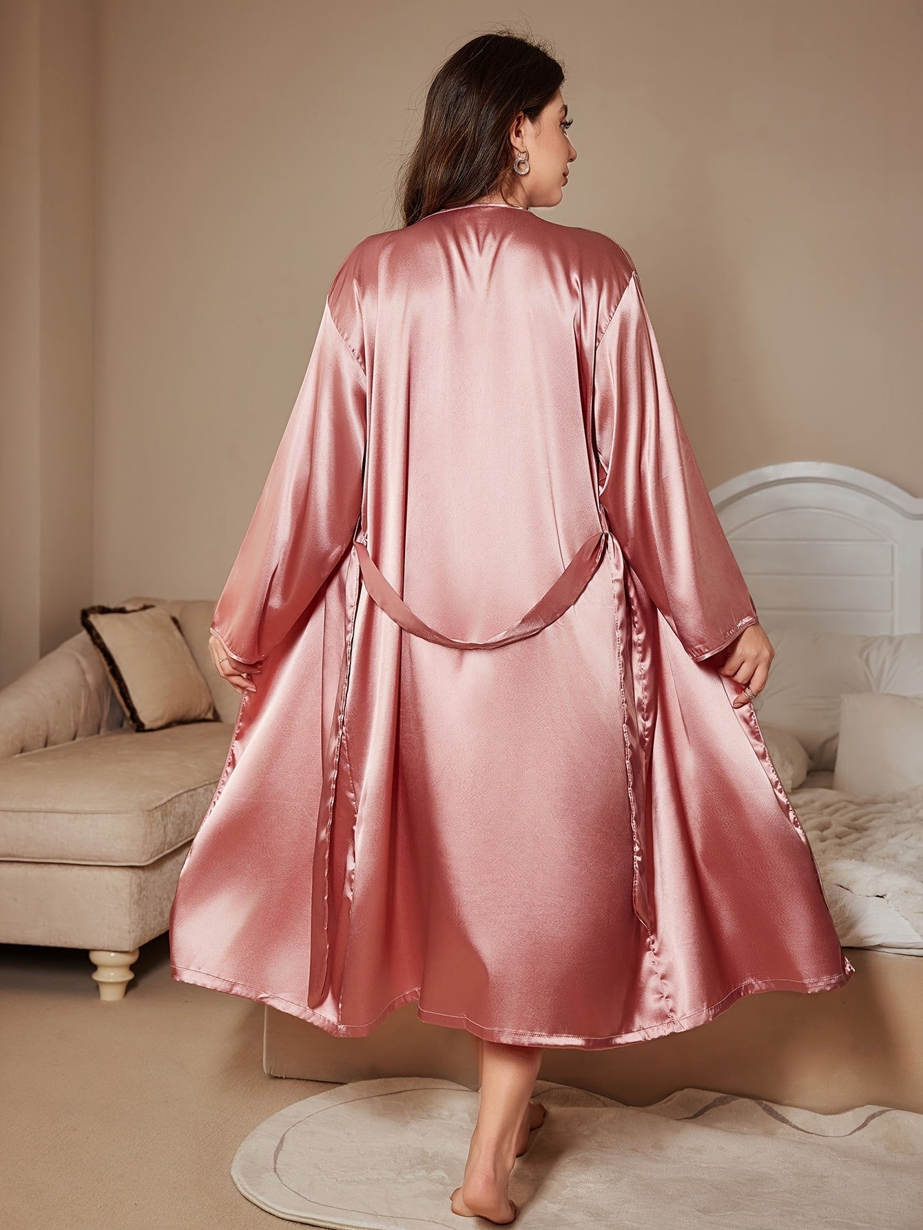 Valentine's Day Style Large Size Nightgown and Nightgown 2pcs Fashion Sexy Fashion Imitation Contrast Lace Extended Style Home Robe with